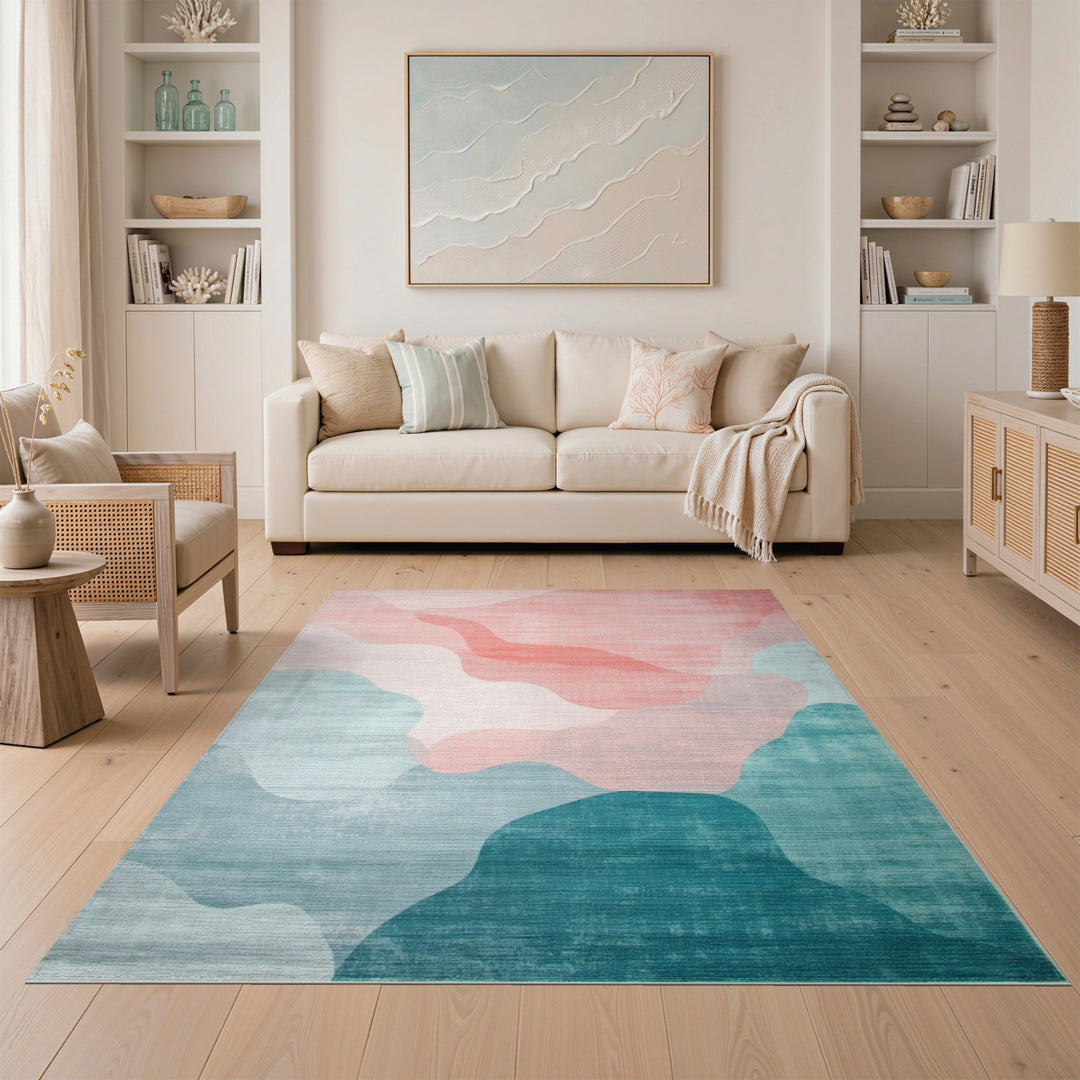 Abstract Teal Coral Wave Area Rug