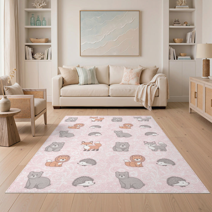 Pink Cartoon Animal Kids Area Rug