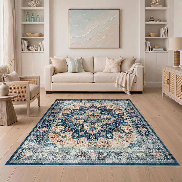 Blue Teal Distressed Vintage Medallion Area Rug