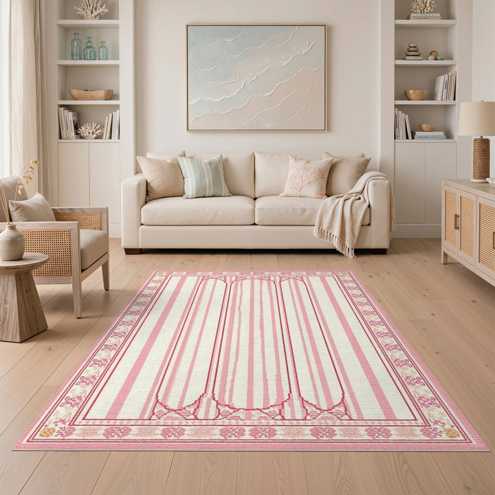Pink Striped Floral Vintage Area Rug