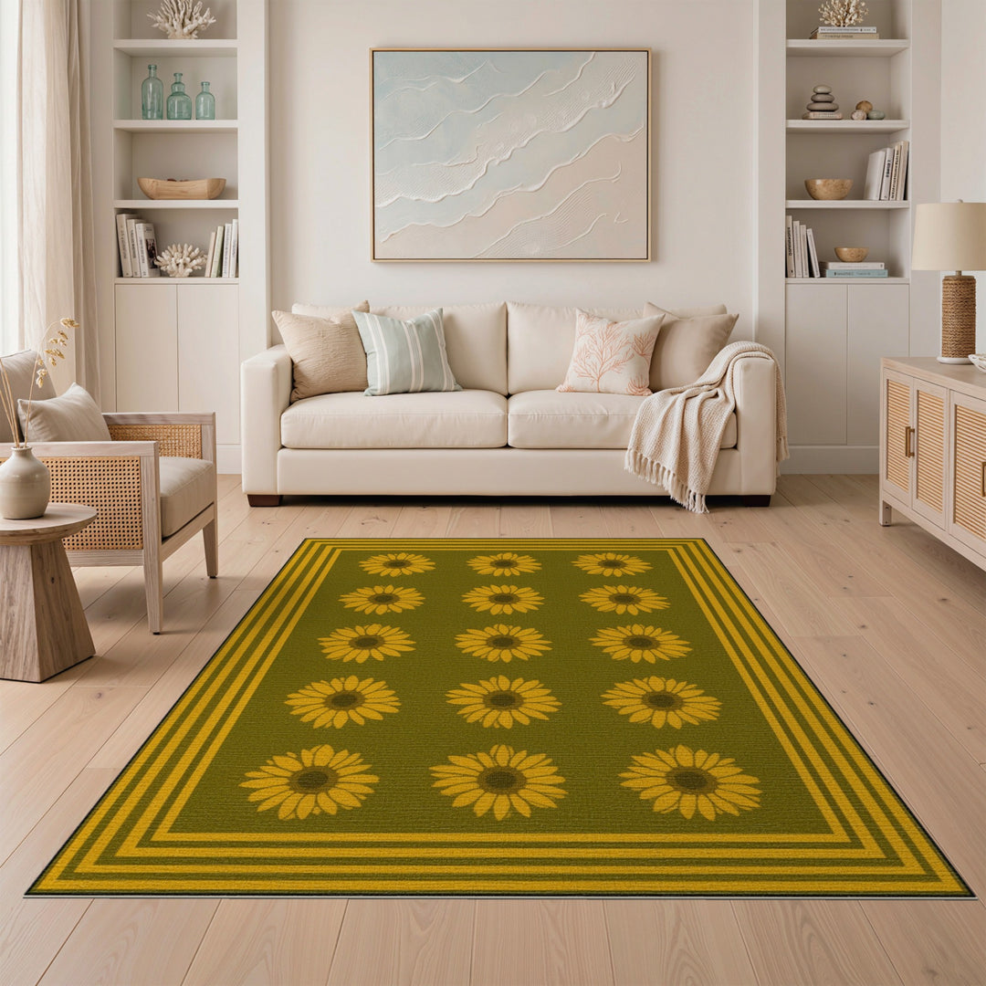 Green Sunflower Floral Area Rug