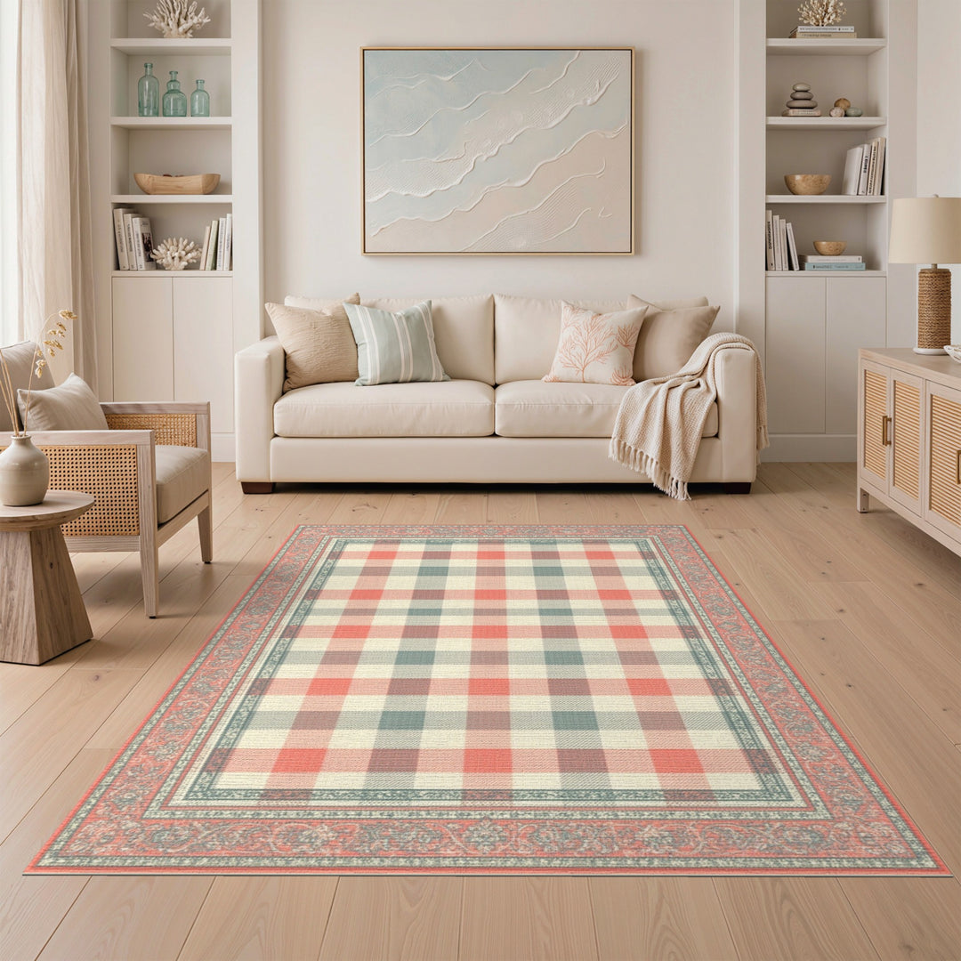 Red Gingham Checkered Area Rug with Vintage Border