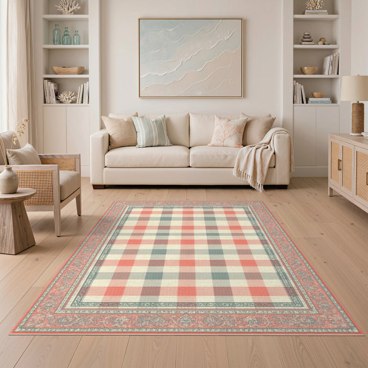 Red Gingham Checkered Area Rug with Vintage Border