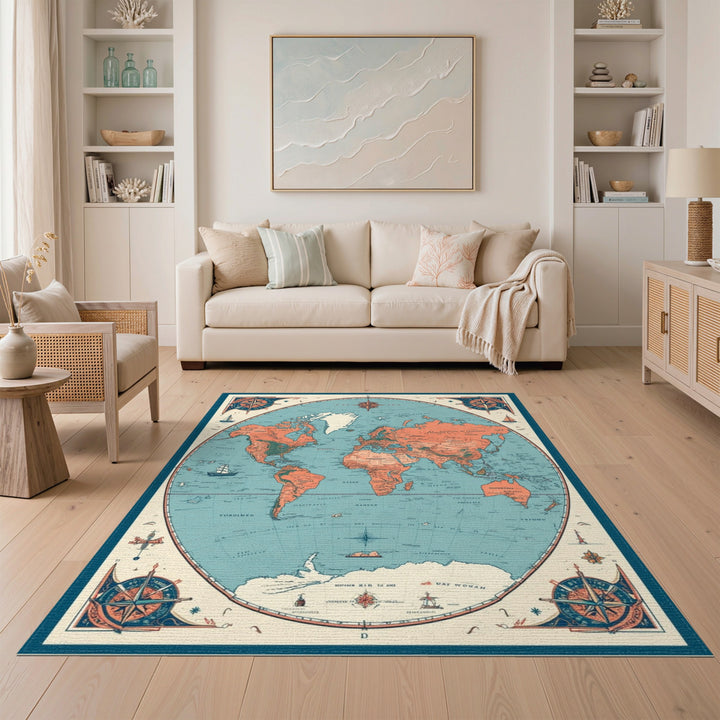 Vintage Circular World Map Area Rug