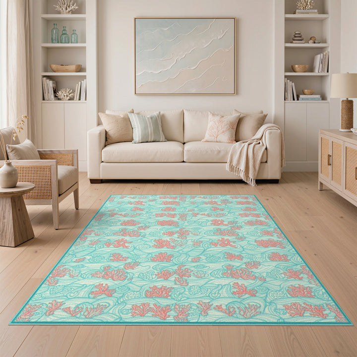 Teal Coral Wave Washable Area Rug