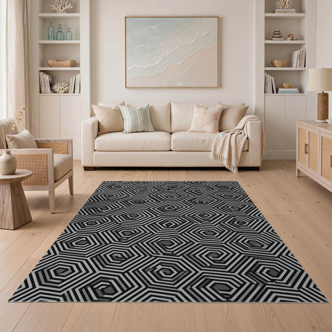 Geometric Modern Black White Geometric Hexagon Area Rug