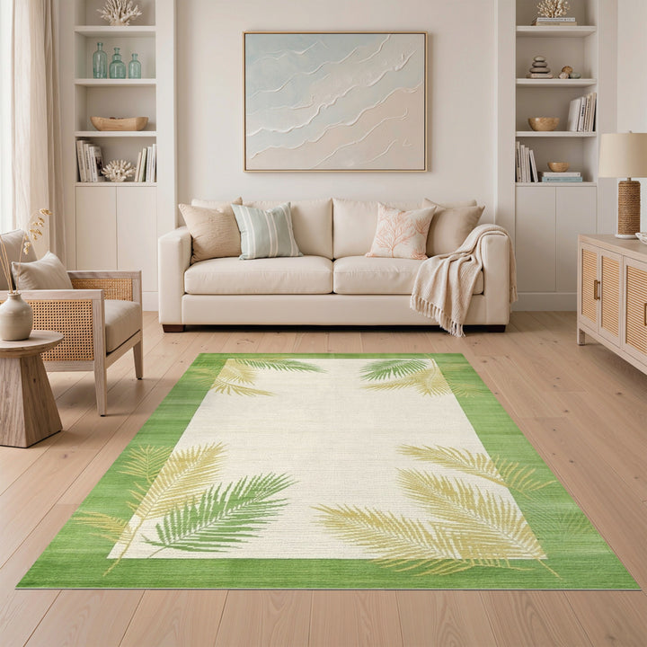 Green Coastal Beach Green Palm Frond Area Rug