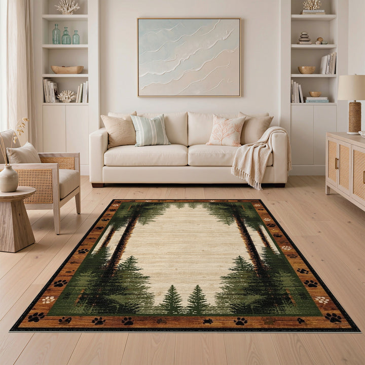 Rustic Pine Forest Paw Print Area Rug