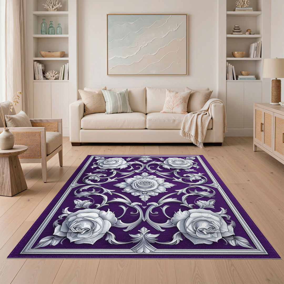 Purple Rose Scroll Floral Area Rug