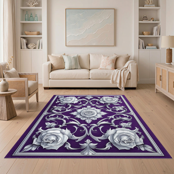 Purple Rose Scroll Floral Area Rug