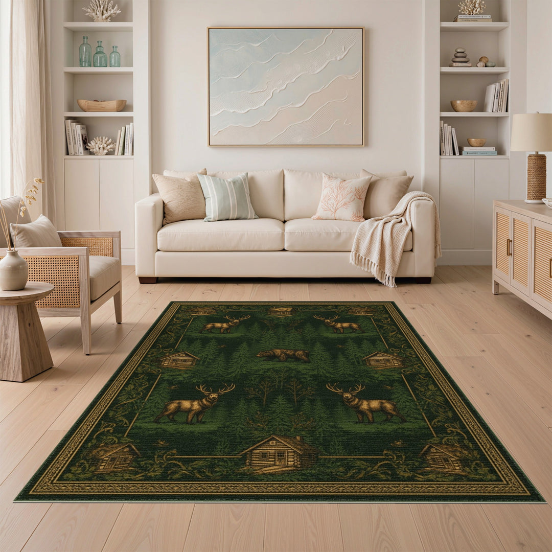Rustic Forest Elk Bear Cabin Area Rug