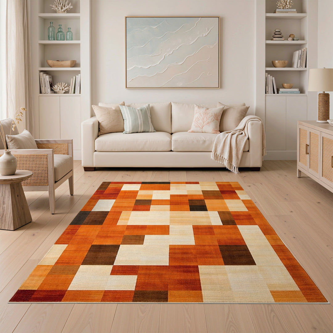 Warm Orange Geometric Block Area Rug