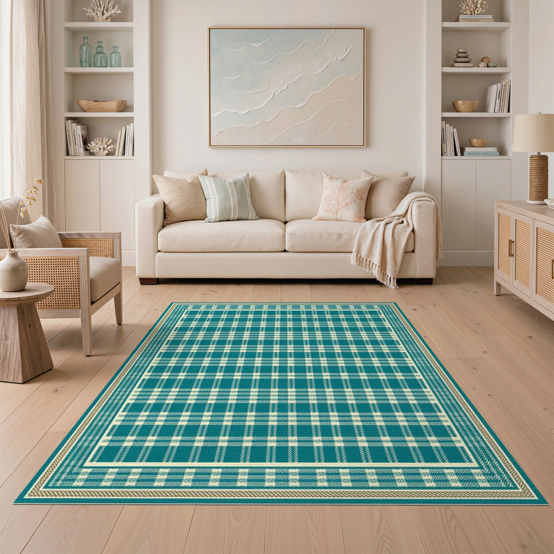 Geometric Modern Teal Plaid Washable Area Rug