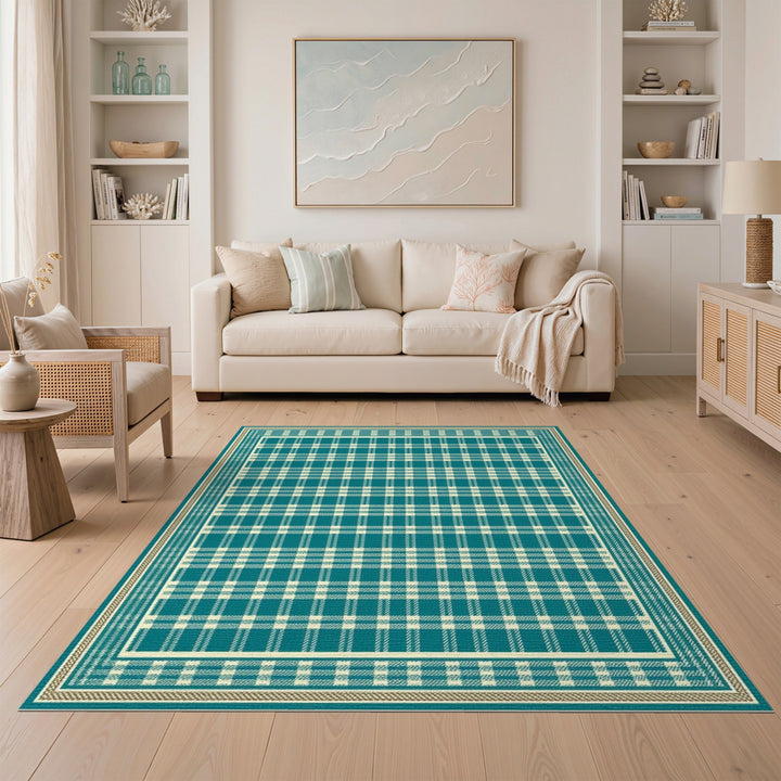 Geometric Modern Teal Plaid Washable Area Rug