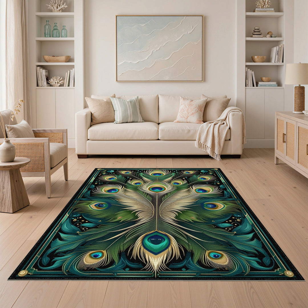 Blue and Teal Peacock Feather Blue Teal Area Rug
