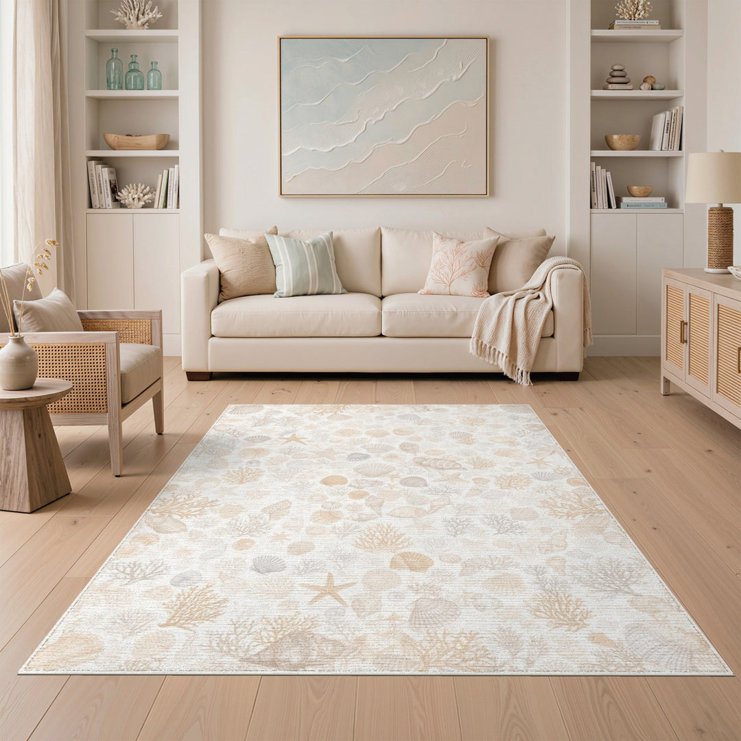 Beige Coastal Seashell Area Rug