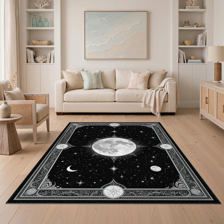 Celestial Moon Phase Black White Area Rug