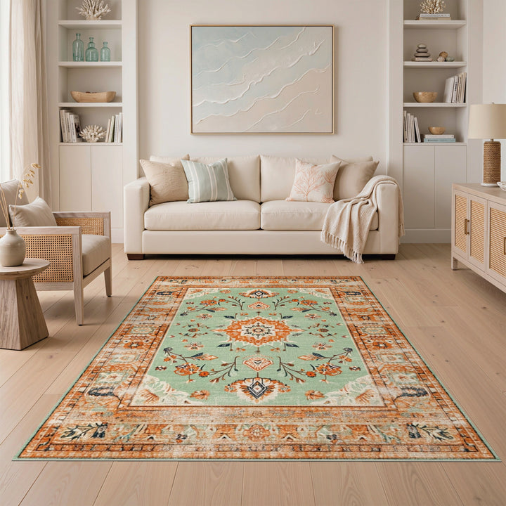 Vintage Green Floral Medallion Area Rug