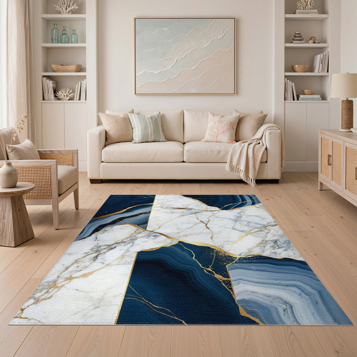 Navy Marble Gold Vein Area Rug