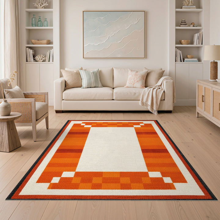 Orange Geometric Border Geometric Modern Area Rug