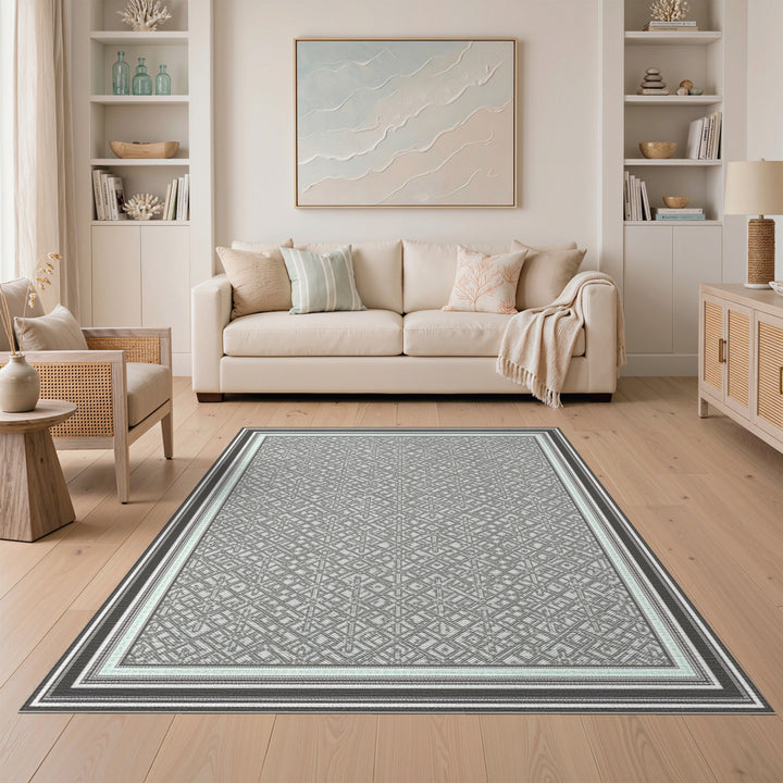Grey Geometric Bordered Area Rug