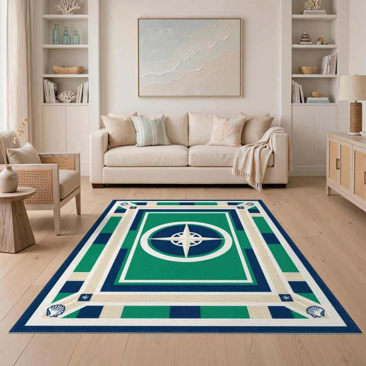 Nautical Compass Blue Green Washable Area Rug