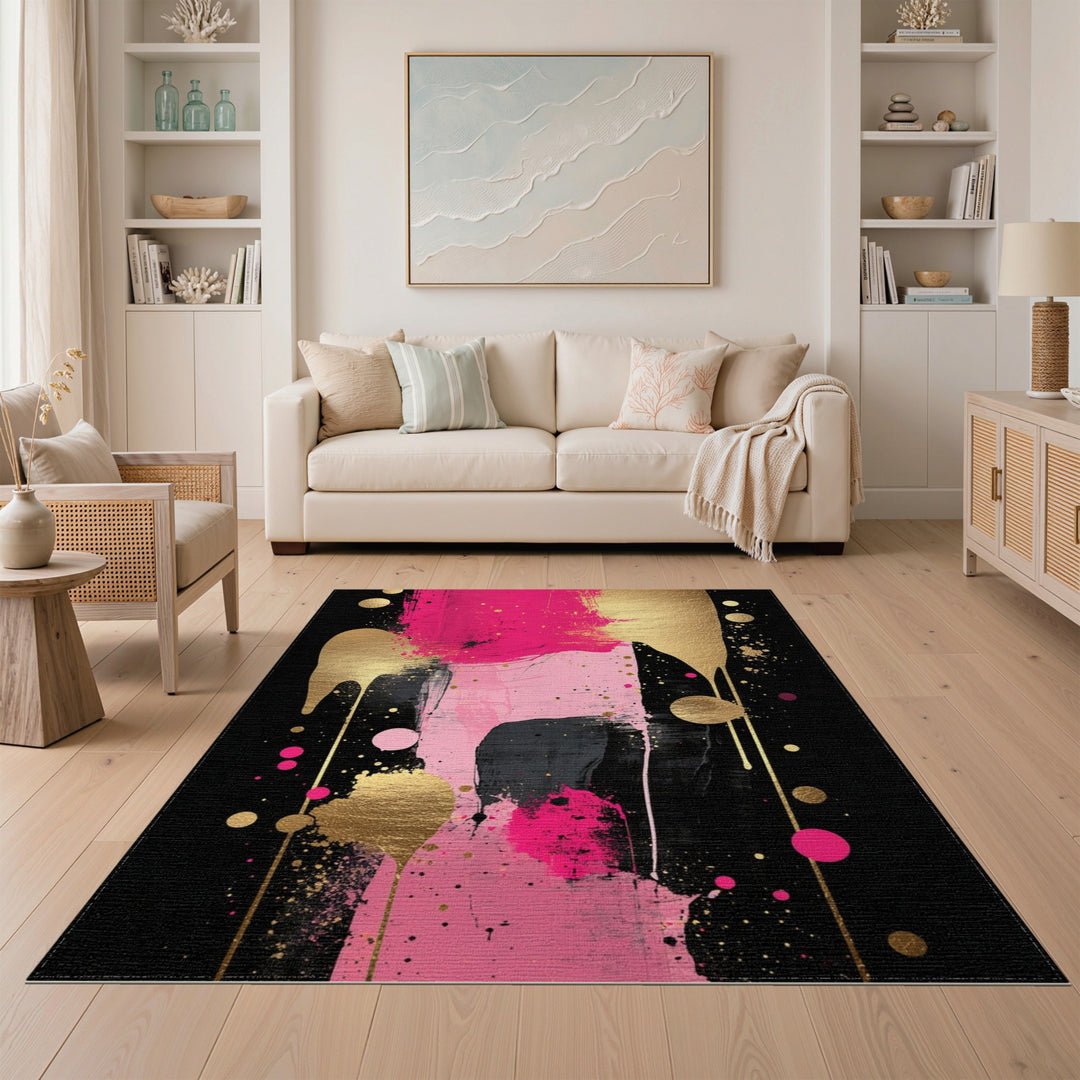 Pink Abstract Gold Drip Area Rug
