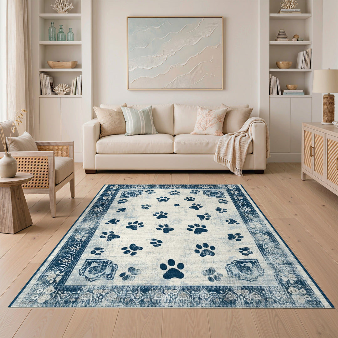 Blue and Teal Distressed Blue Paw Print Area Rug