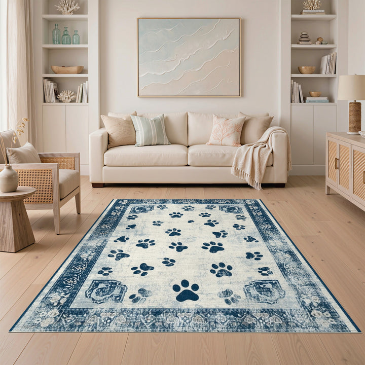 Blue and Teal Distressed Blue Paw Print Area Rug