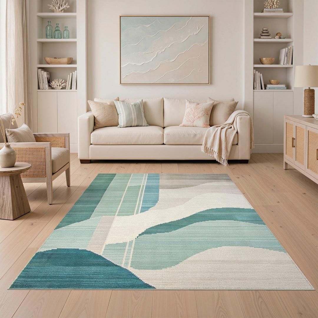 Blue Teal Wave Abstract Area Rug
