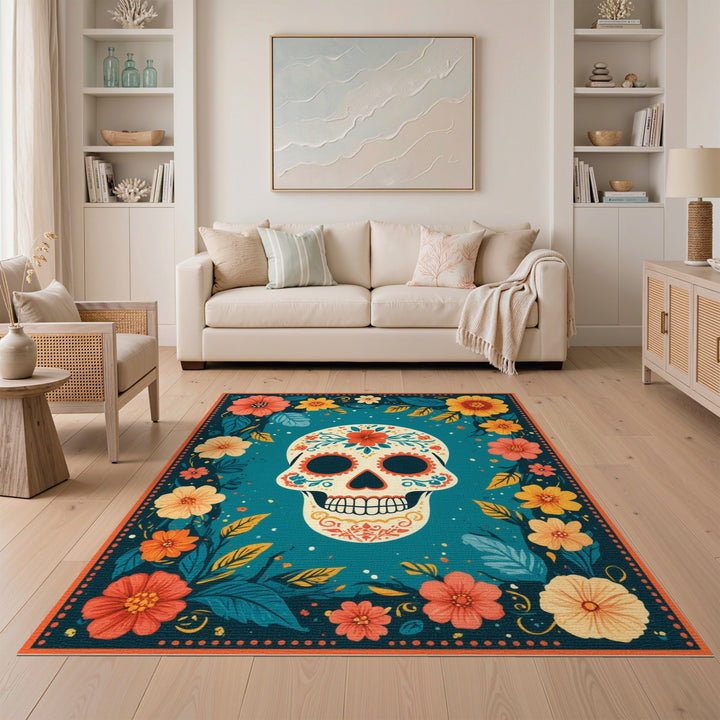 Vibrant Floral Skull Washable Area Rug