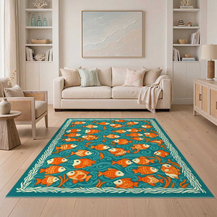 Orange Fish School Teal Coastal Area Rug