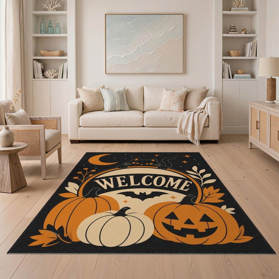 Halloween Welcome Black Cat Pumpkin Area Rug