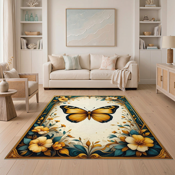 Yellow Butterfly Floral Vintage Area Rug