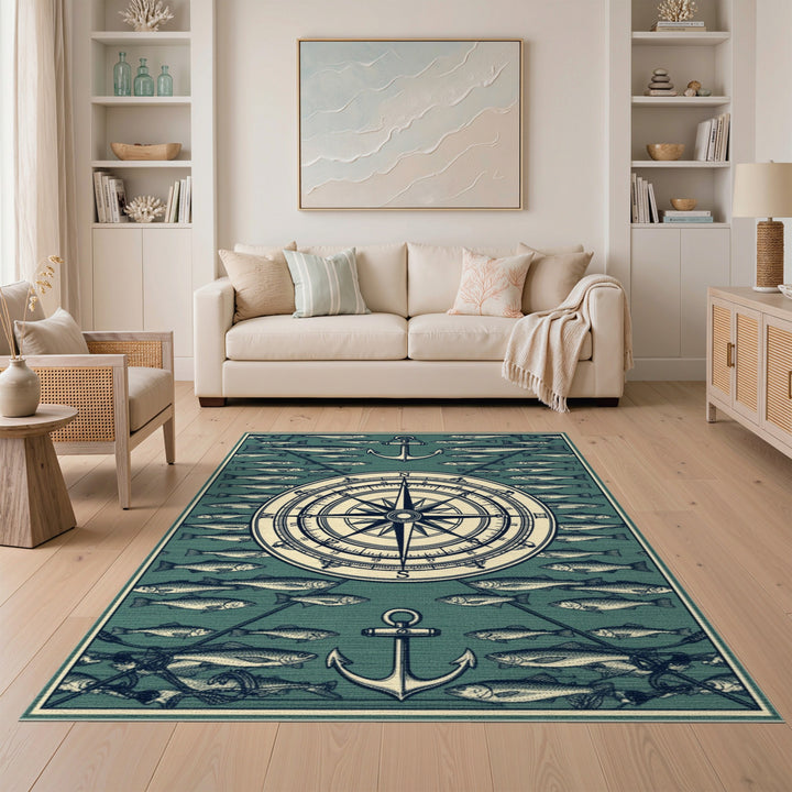 Nautical Compass Anchor Fish Area Rug
