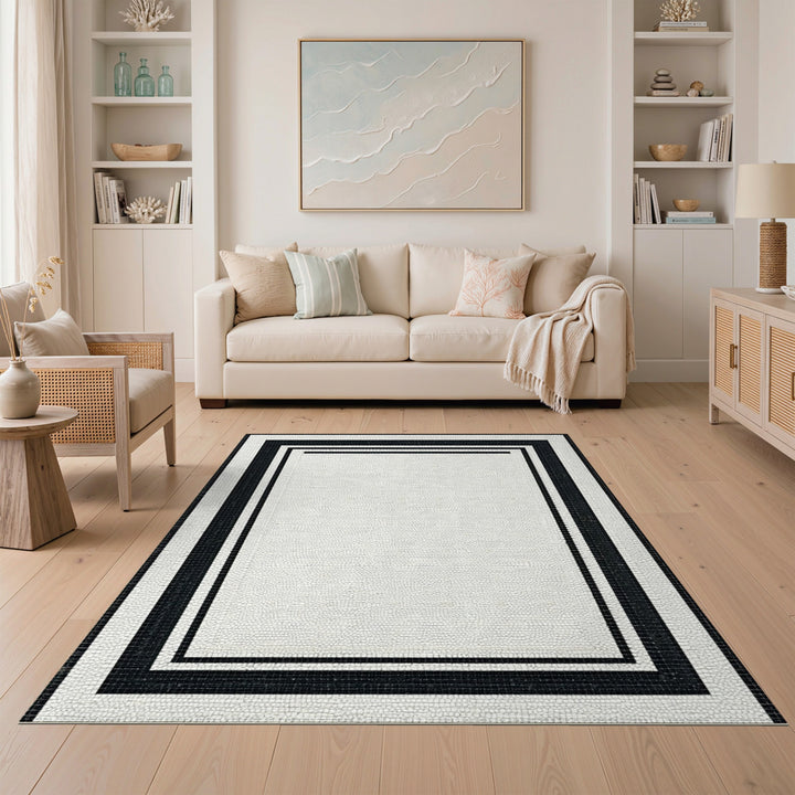 Black White Mosaic Framed Area Rug