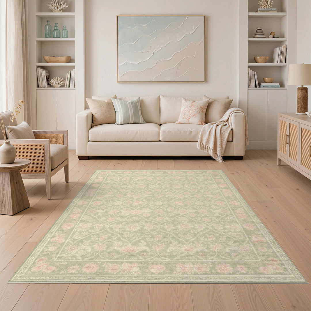Green Sage Green Pink Floral Vintage Area Rug