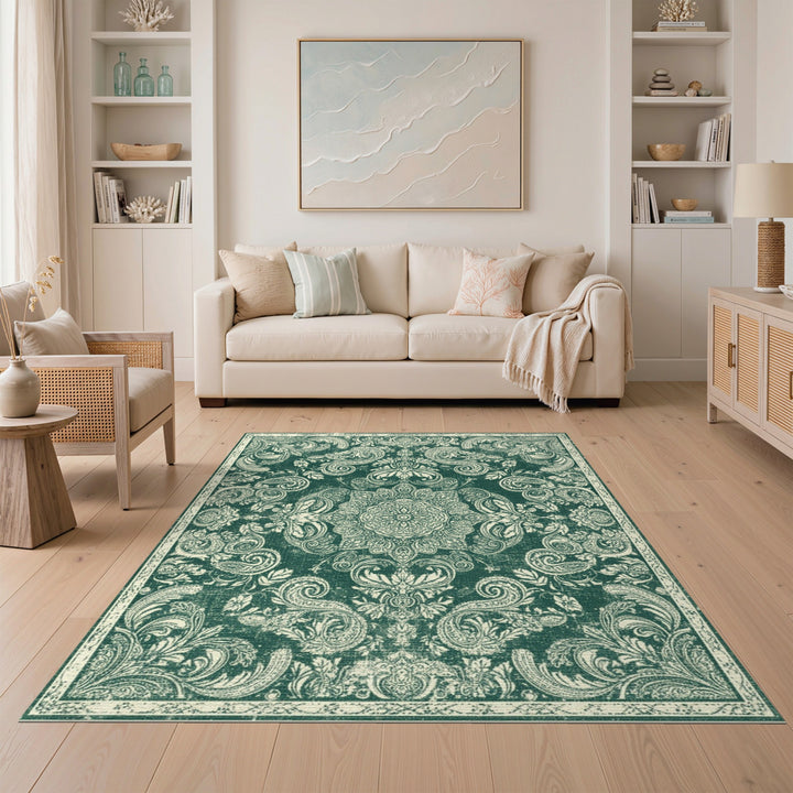 Green Floral Vintage Area Rug