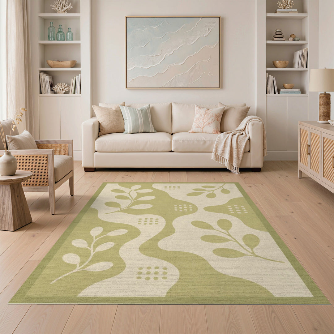 Sage Green Boho Leaf Area Rug