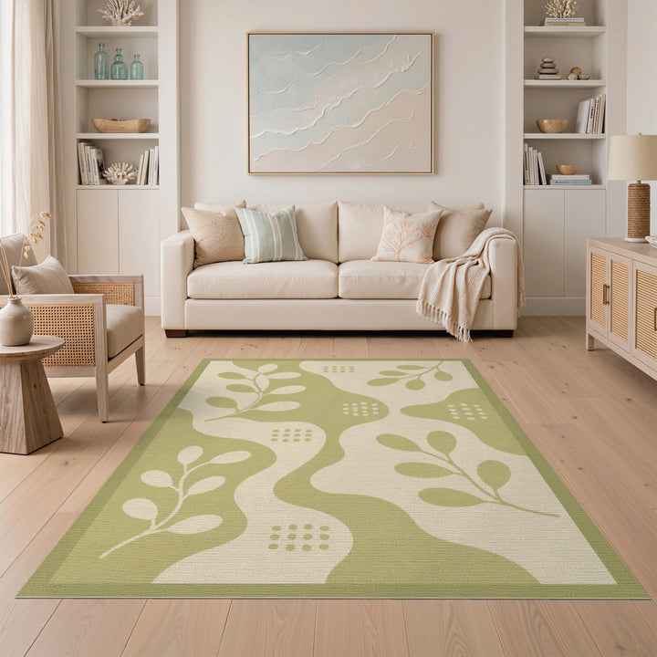 Sage Green Boho Leaf Area Rug