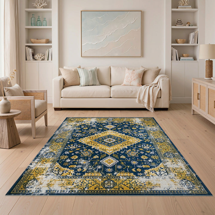 Distressed Navy Blue and Gold Vintage Area Rug