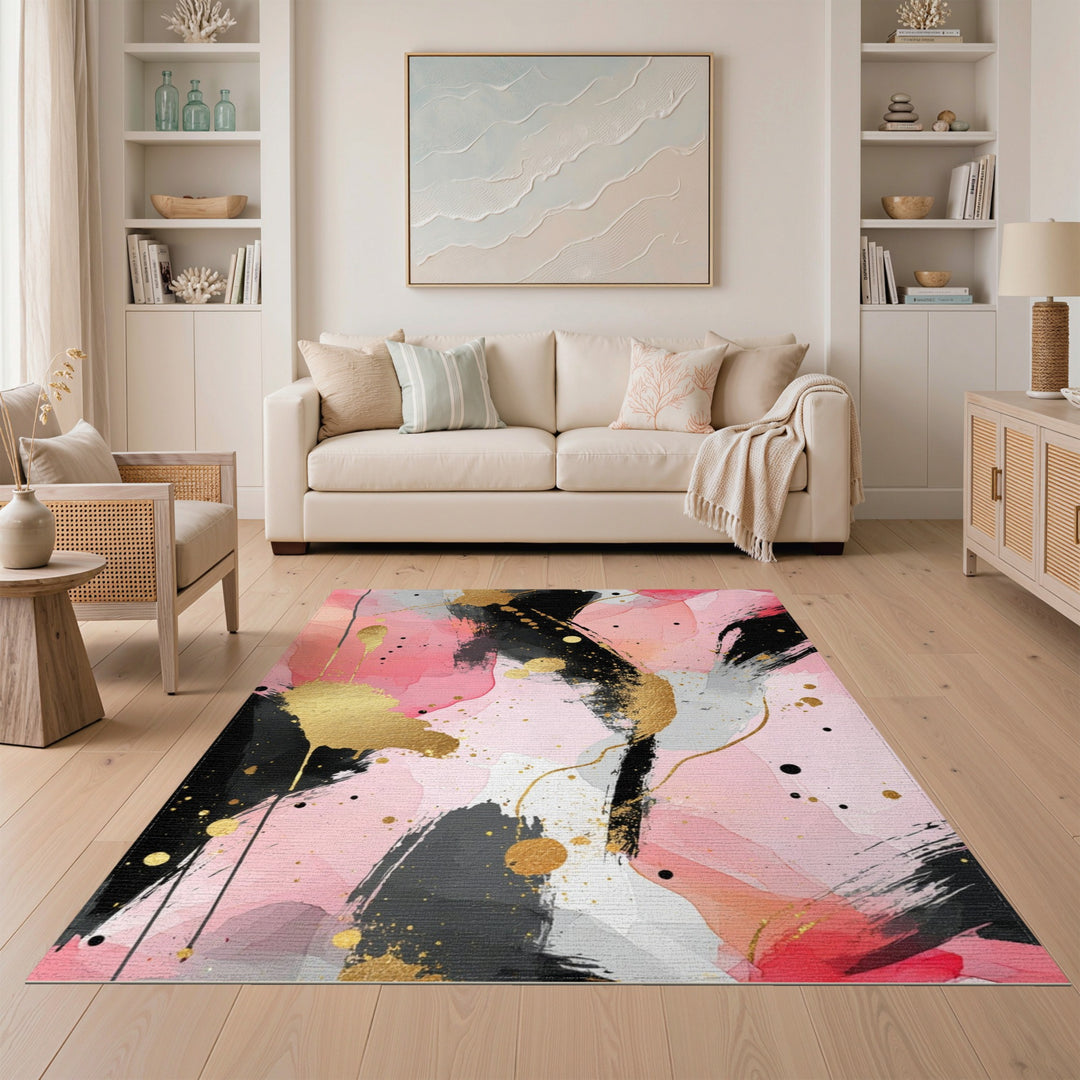 Pink Abstract Gold Splatter Area Rug
