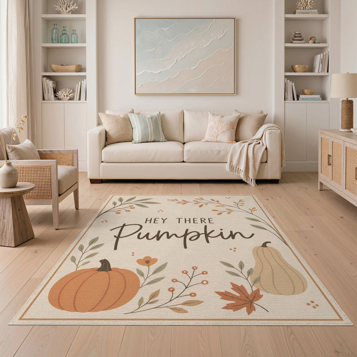 Beige and Neutral Rustic Farmhouse Hey There Pumpkin Beige Area Rug