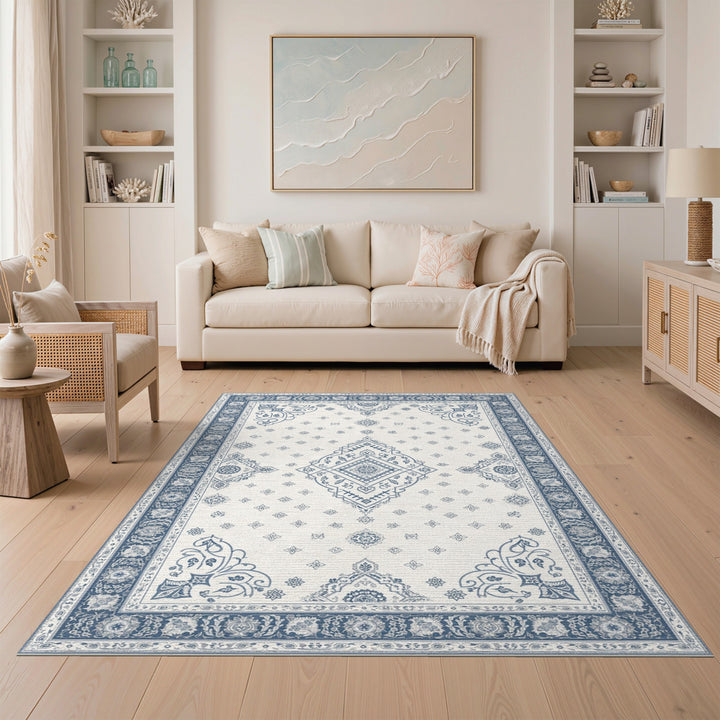 Blue Persian Medallion Washable Area Rug