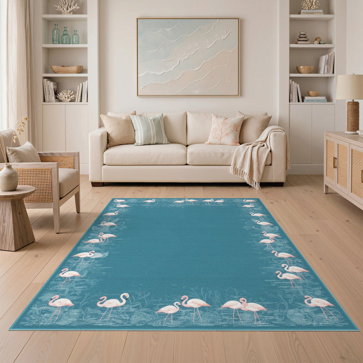 Pink Flamingo Teal Border Washable Area Rug