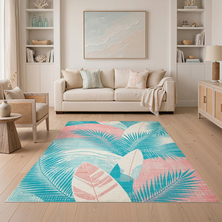 Blue Teal Palm Frond Coastal Area Rug
