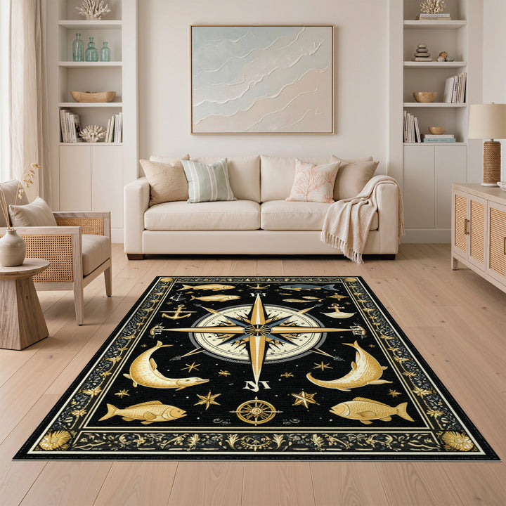Nautical Gold Compass Area Rug