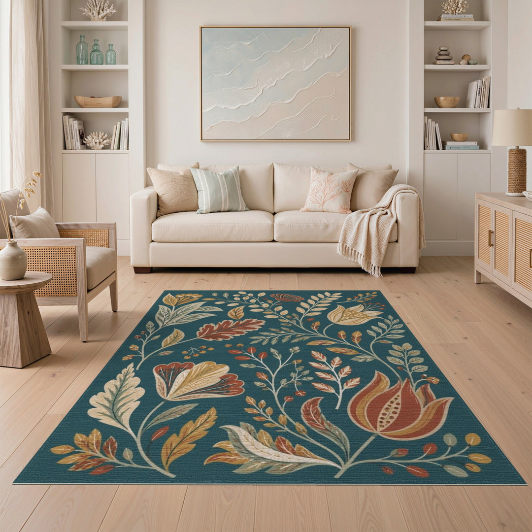 Teal Floral Vintage Washable Blue and Teal Area Rug