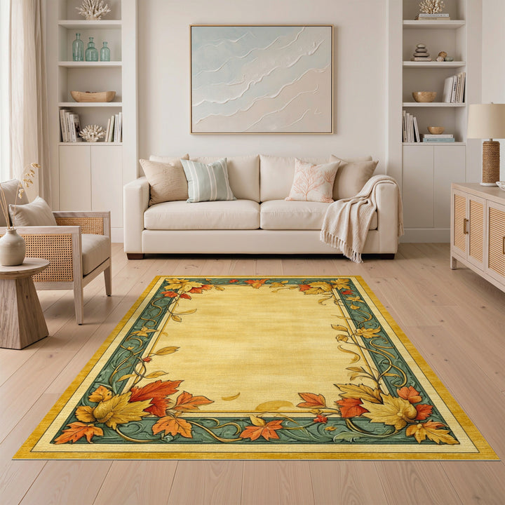 Vintage Teal Autumn Leaf Border Area Rug