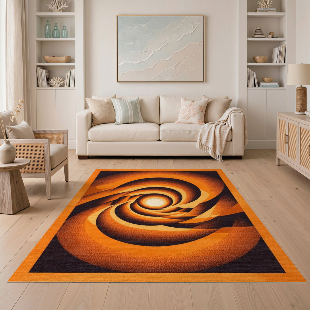 Geometric Modern Orange Vortex Swirl Area Rug